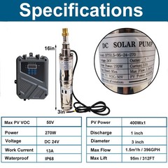 3″ Solar Pump Submersible Pump Bore DC 24V 270W Deep Well Pump + MPPT Controller