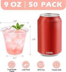 9 oz Clear Plastic Cups 50 Pack, Sturdy & Food Safe Disposable Cups for Cold or