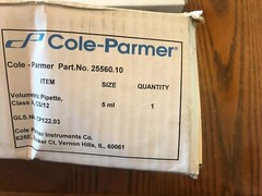 Cole-Parmer Volumetric Pipette/ With One Mark – Class A, CS/12, 5 mL (NEW) Qty-1