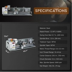 9×30″ Mini Metal Lathe 1100W DC Motor 3-Jaw Chuck LCD Display Metalworking