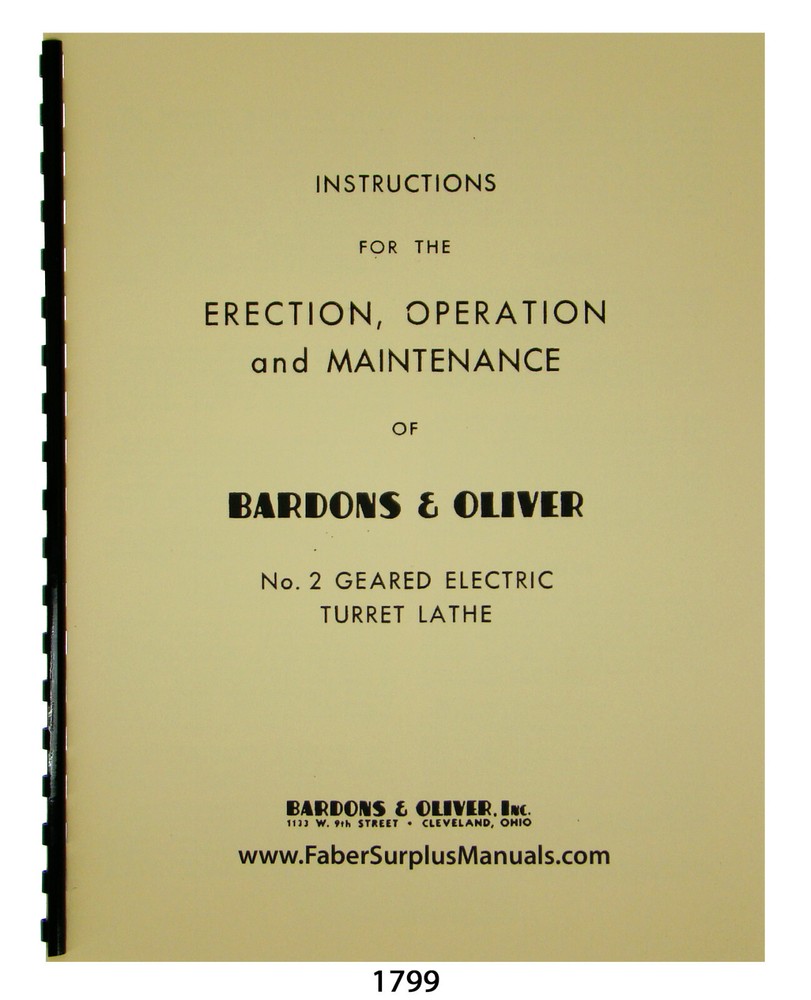 Bardons & Oliver No. 2 Geared Lathe Operation & Maintenance Manual #1799