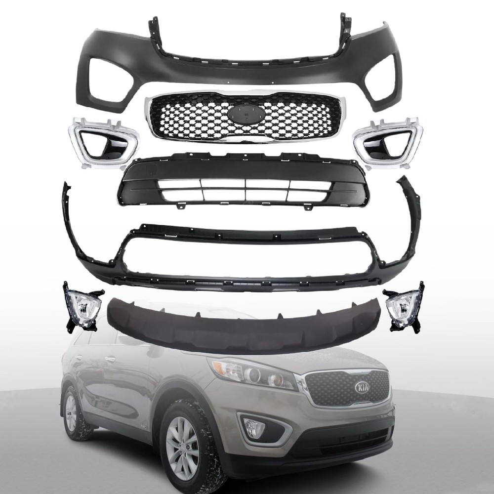 Front Upper Lower Bumper Kit Grille Fog Light 16-18 Kia Sorento LX EX