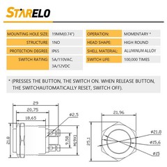 5pcs 19mm Momentary Push Button Switch IP65 Waterproof Aluminum Alloy