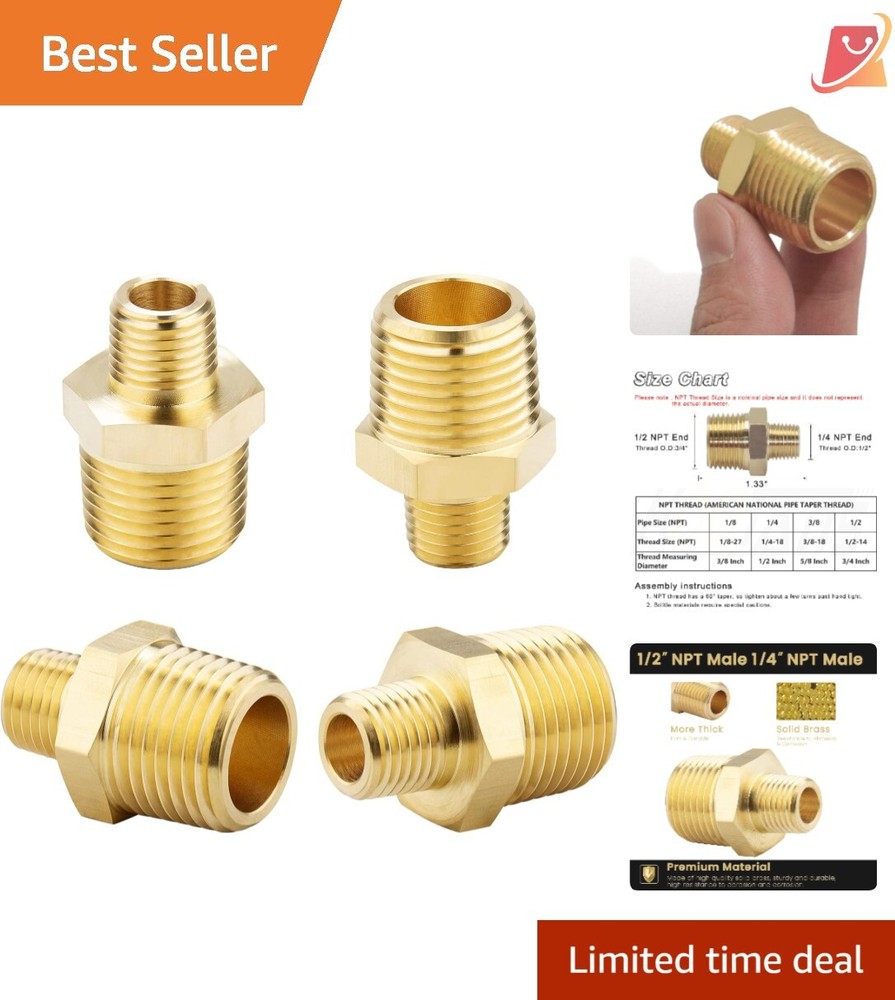 Brass Pipe Nipples 1/2 NPT to 1/4 NPT Hex Connectors Heavy Duty 4 Pieces