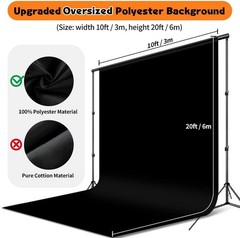 Black Backdrop, 10×20 ft Large Photo Backdrop Curtain for ft,