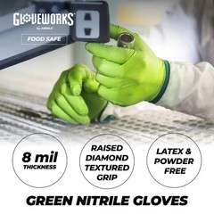 Gloveworks 8 mil Disposable HD Nitrile Gloves, Pack of 100, XXLarge, Green