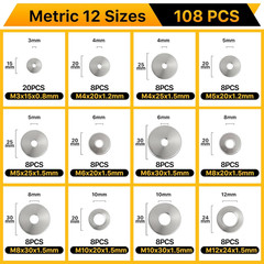 108pc 304 Stainless Steel Flat Fender Washer Kit M3 M4 M5 M6 M8 M10 M12 Metric S