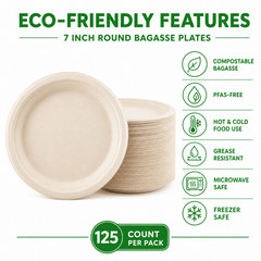 125/250500/1000pcs 7 Inch Compostable Disposable Bagasse Round Party Plates