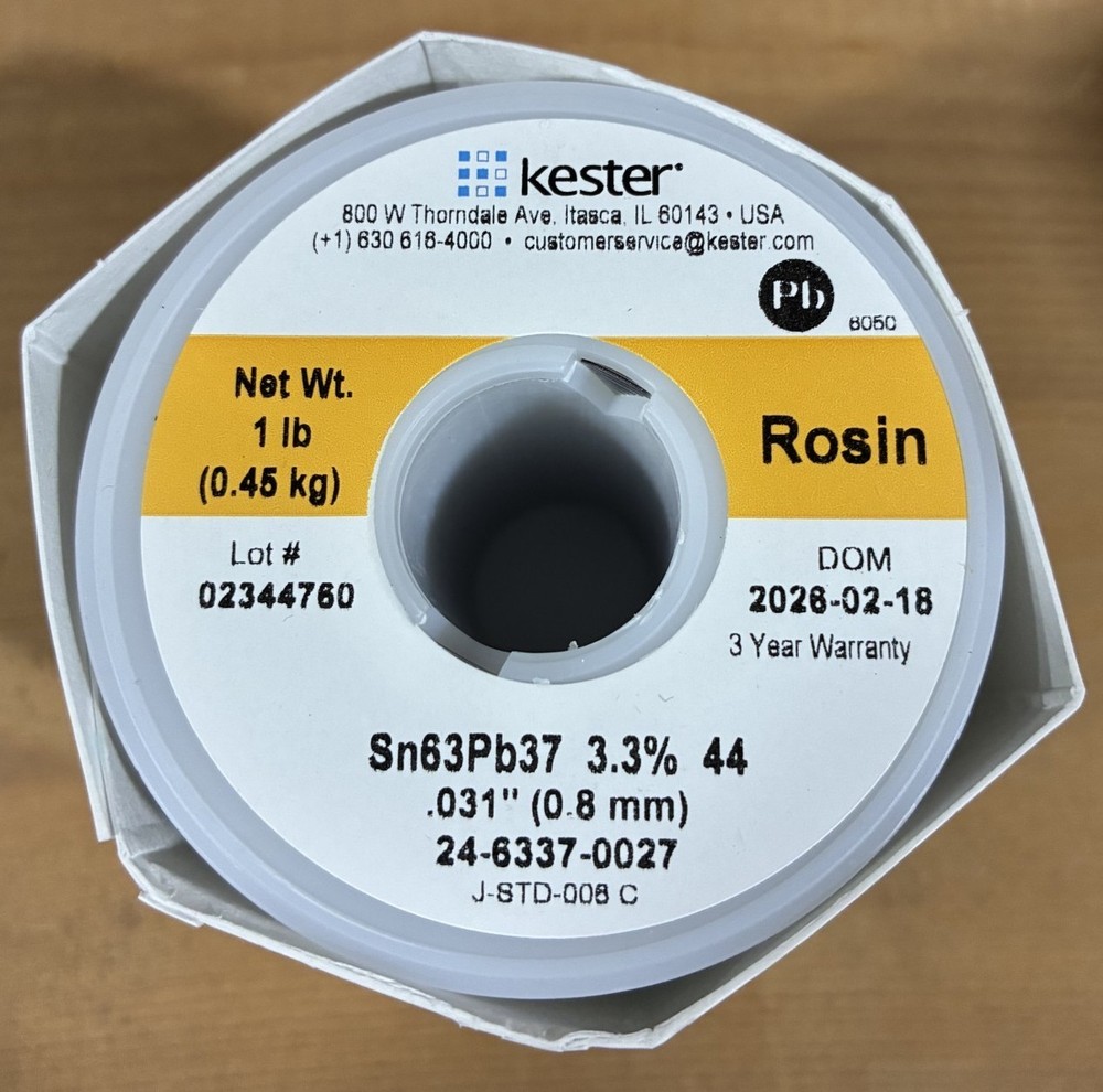 Kester 24-6337-0027 Solder Wire, Rosin Core, Leaded, Sn63Pb37, 3.3%, 0.031″ Dia.