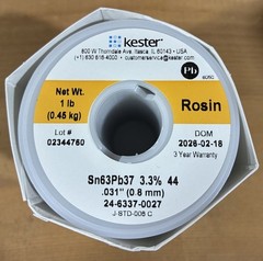 Kester 24-6337-0027 Solder Wire, Rosin Core, Leaded, Sn63Pb37, 3.3%, 0.031″ Dia.