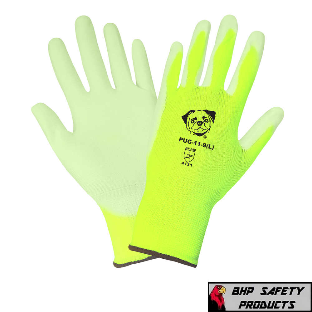 PUG Work Gloves Hi-Vis Lime Ultra-Thin PU Palm Coated Multi-Purpose 12 Pairs