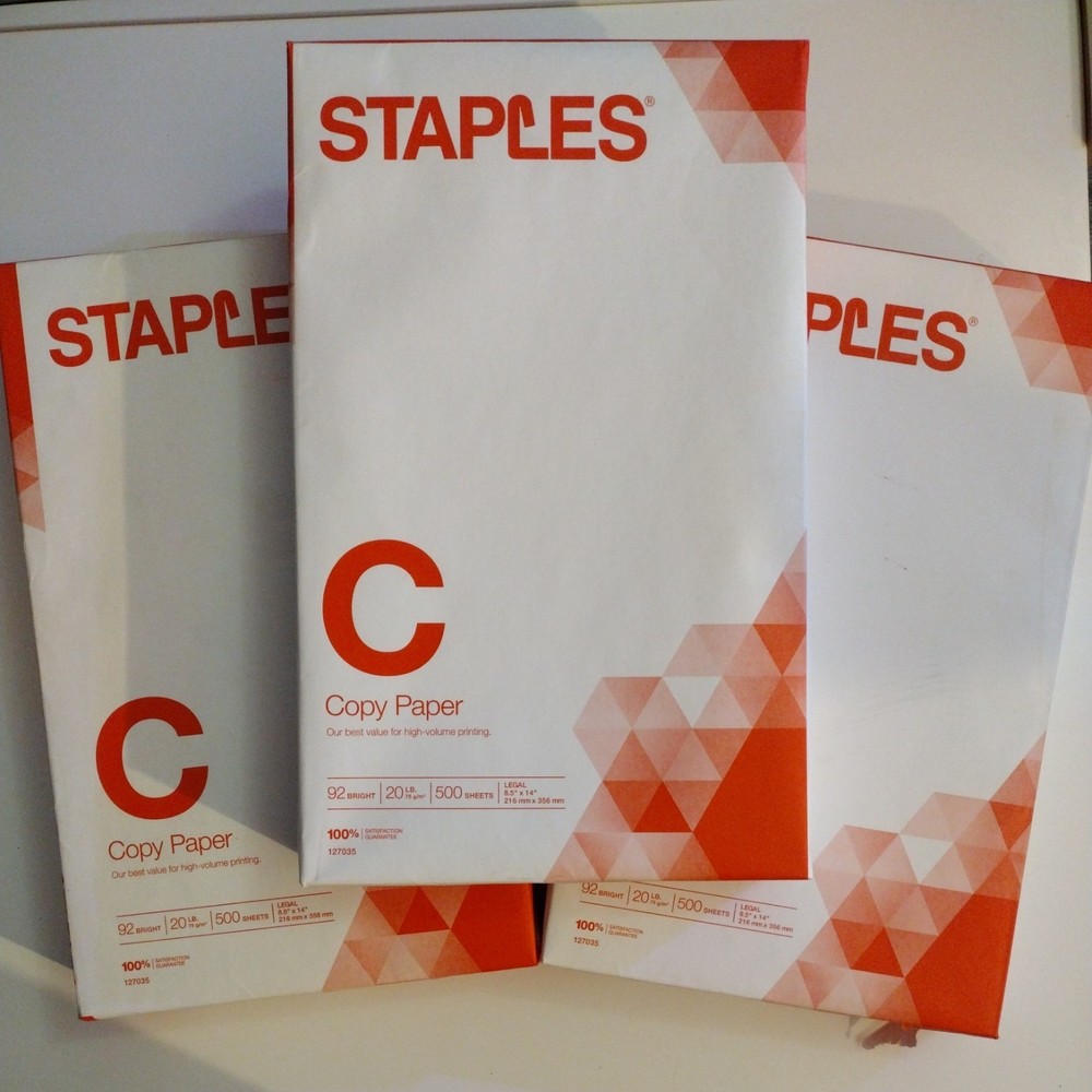 3 PACK Staples Copy Paper 8.5 x 14 in White 92 Bright 1500 Sheets 127035