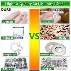 900-Pc 304 Stainless Steel Flat & Fender Washers Assortment Kit for Bolts