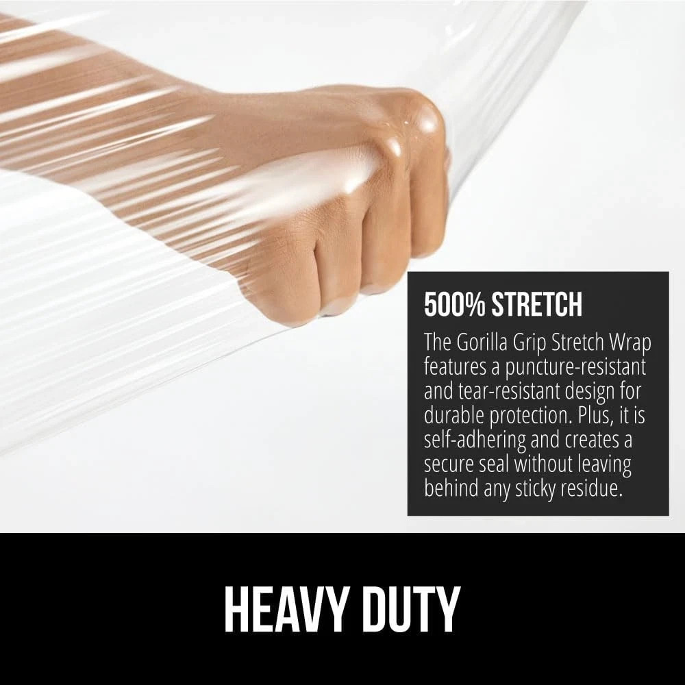 Gorilla Grip 500% Stretch Film Heavy Duty Plastic 1200ft Shrink Wrap Clear 60ga