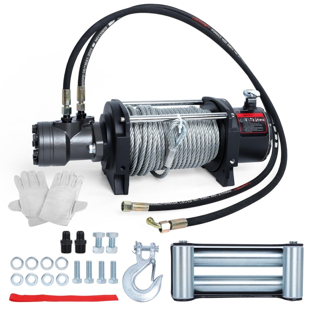 tekstap 15000LBS Hydraulic Winch,Steel Cable 0.4IN x 78FT,Gear 15000, Black