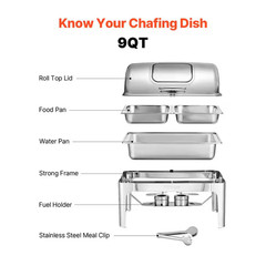 Roll Top Chafing Dish Buffet Complete Set, 9 Qt. 1-Pack Stainless Steel Chafer w