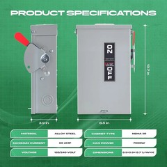 60 Amp Disconnect Switch 3 Pole 110/240V, Non-Fusible Safety Switch, Indoor&Outd