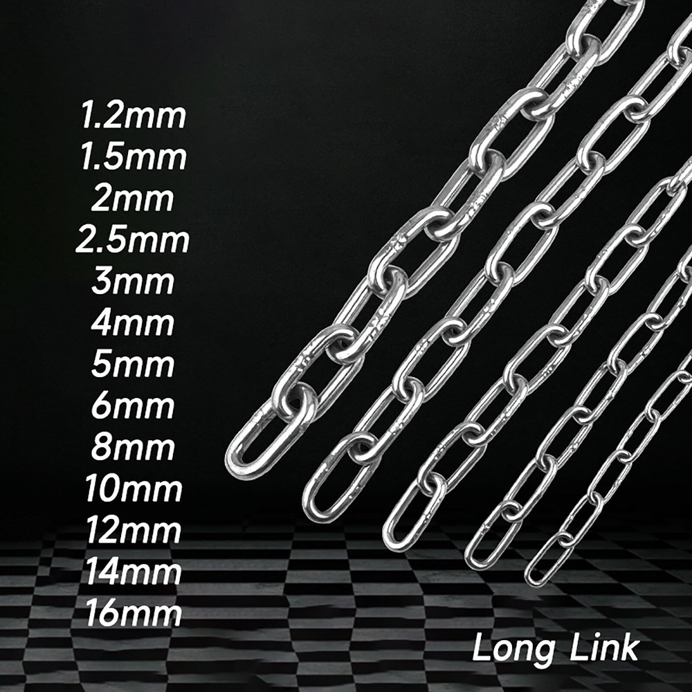 1.2mm 1.5mm 2mm 2.5mm 3mm 4mm 5mm 6mm ~ 16mm Stainless Steel 304 Long Link Chain