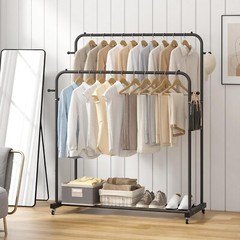 Modern Freestanding Clothes Organizer with Wheels and Dual Rods – Sleek Black