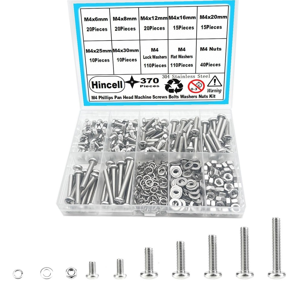 M4 Phillips Pan Head Machine Screws, 370pcs Stainless Steel Kit (M4 x 6mm, 8m…