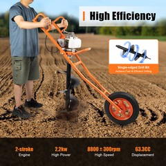 63cc 3hp Post Hole Digger Gas Powered Earth Auger Drill Wheeled w/11″ Auger Bit