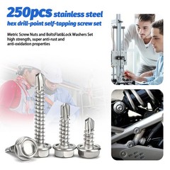 250Pcs Steel Self Drilling Tapping Screws-Hex-Washer Head Sheet Metal Assortment