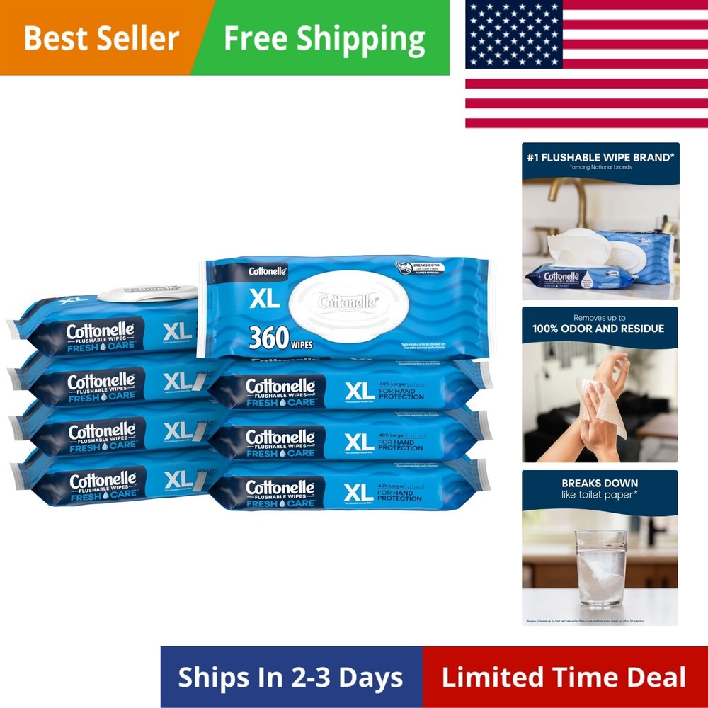 XL Flushable Wet Wipes, Adult Wipes Large, 8 Flip-Top Packs, 45 Wipes Per Pac…