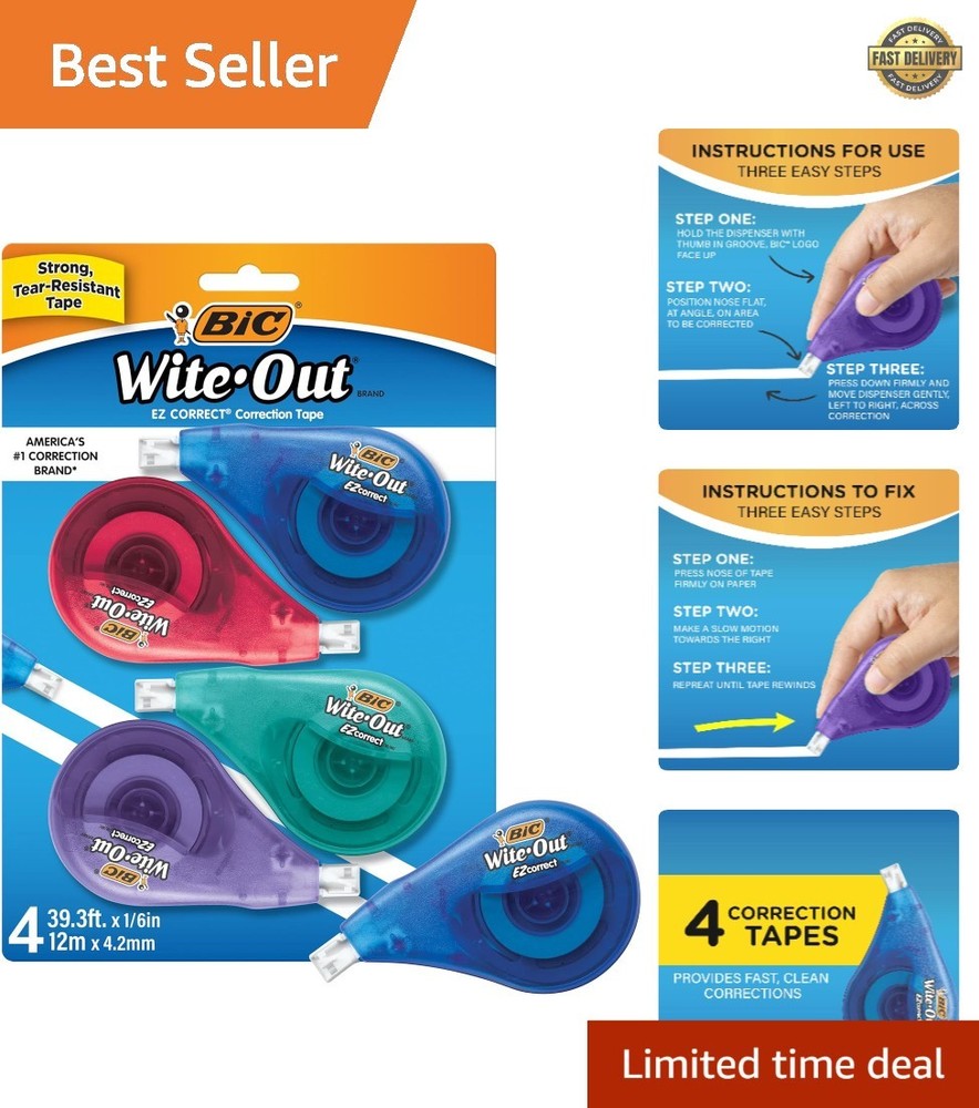 BIC EZ Correct 4-Count White Correction Tape – Instant, Tear-Resistant Solution