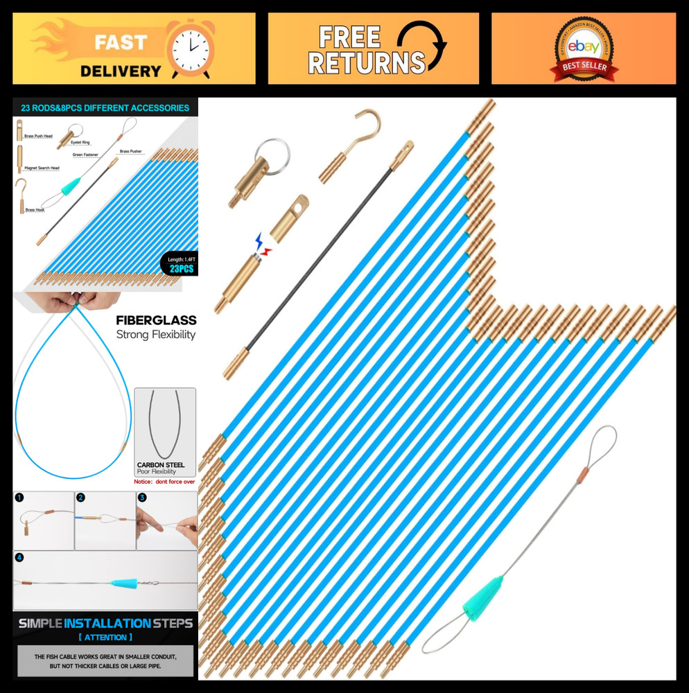 32.2FT Fiberglass Glow Rods for Wire Pulling – Electrical Cable Fishing Kit with