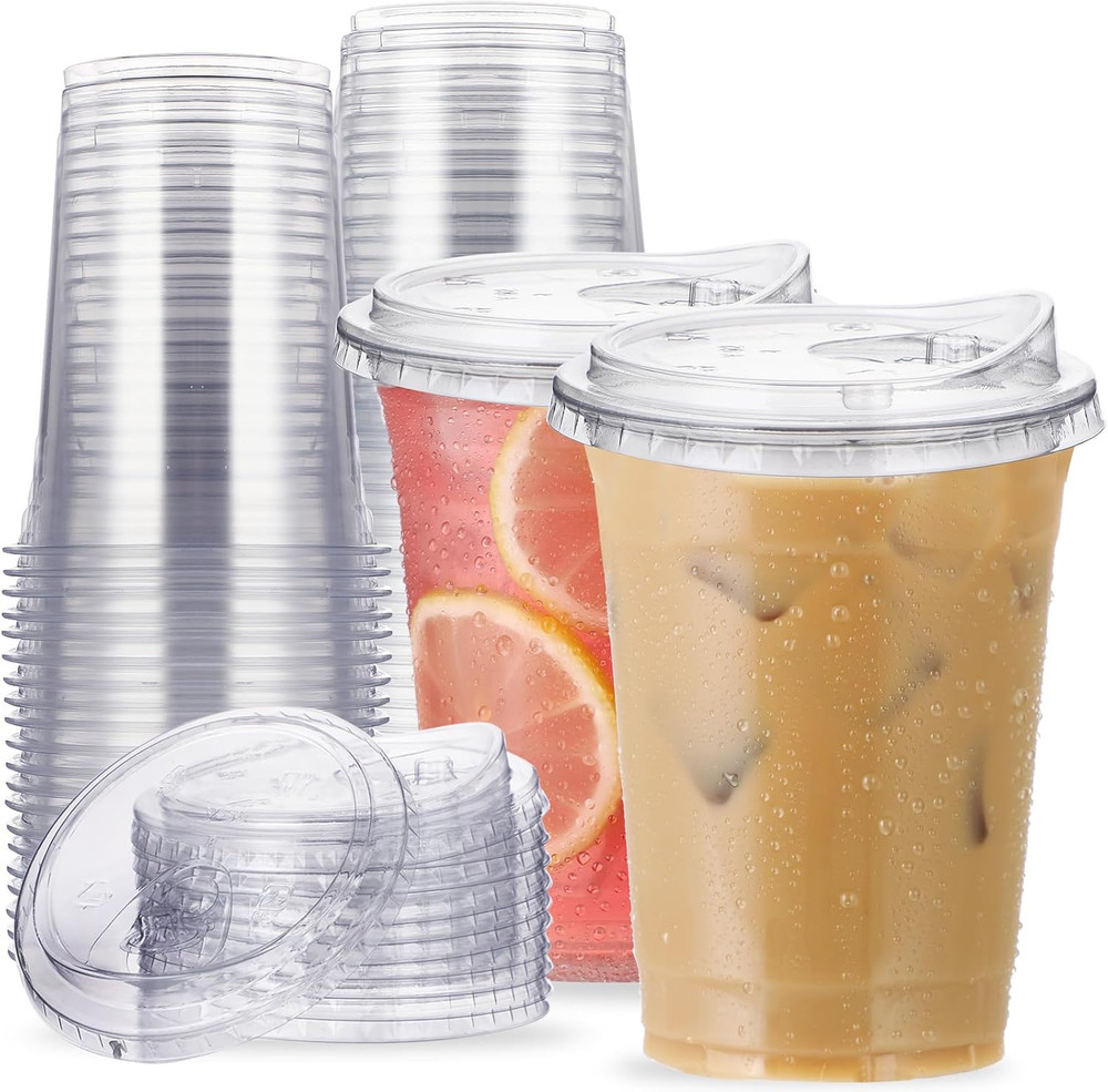 25 Sets Disposable Cup Plastic Iced Coffee 16oz Cups to Go with Sip Through Lids