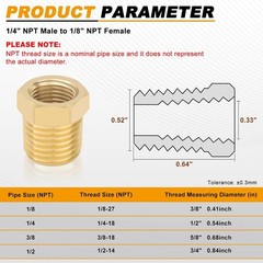 4 PCS Brass Reducer Hex Bushing 1/4 NPT Male to 1/8 NPT Female Pipe Hose Thread