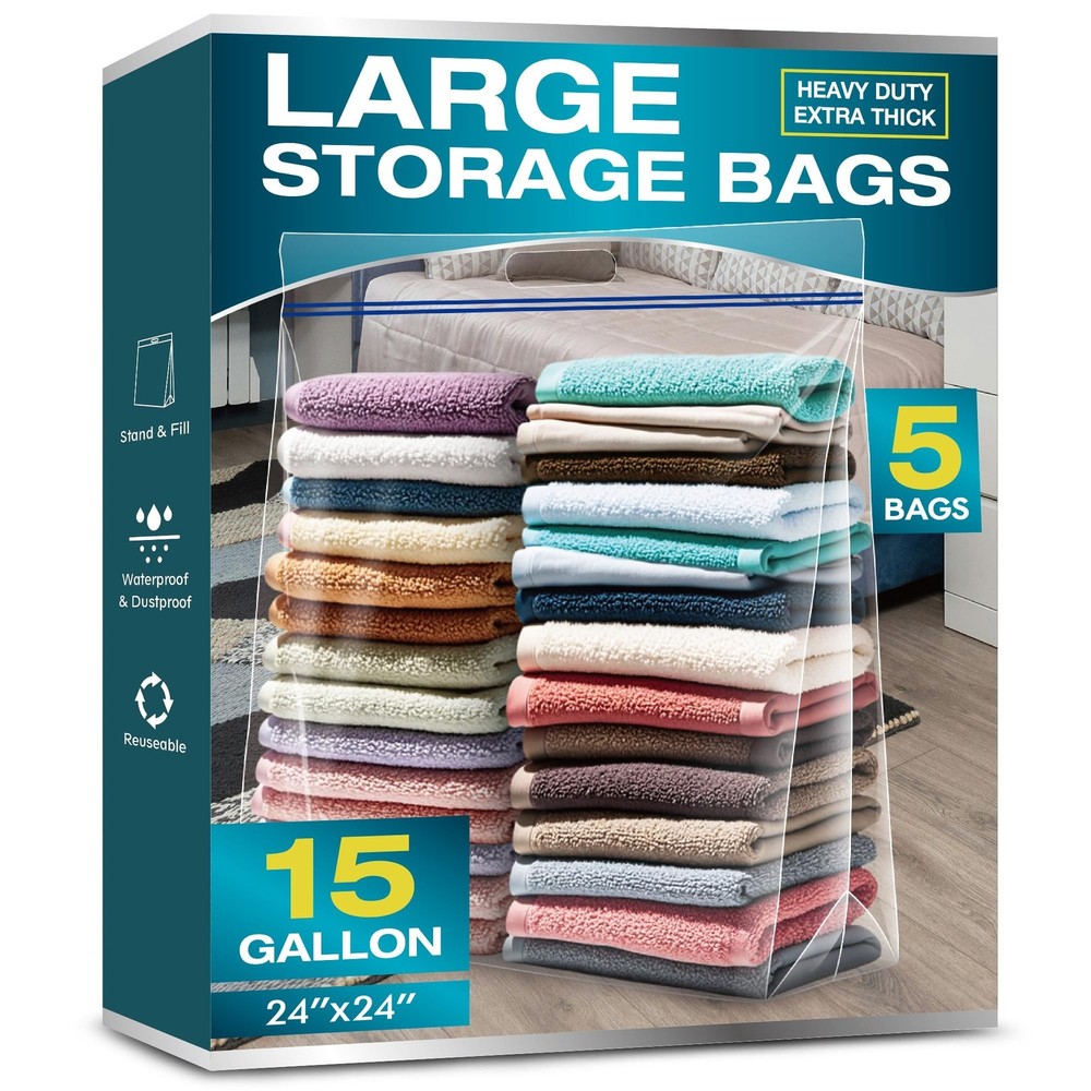 15 Gallon Large Storage Bags, 3.5 Mil Thick Clear Plastic Zipper Bags with Ha…