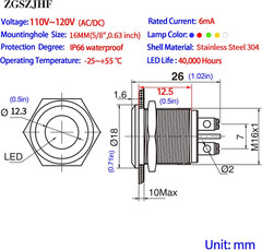 16mm Indicator Light 110V 120V LED Pilot Lamp Waterproof Stainless Steel 304