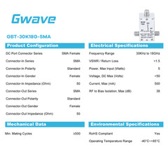 30 KHz to 18 GHz SMA Bias Tee Rated to 500 mA And 50 Volts DC