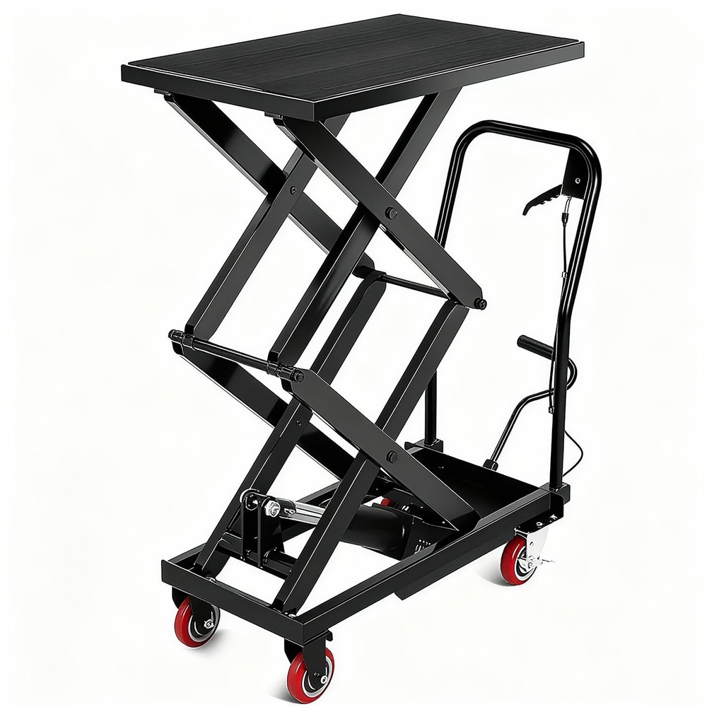 770Lbs Hydraulic Double Scissor Lift Table Cart 11-59″ Height Steel Wheels Black