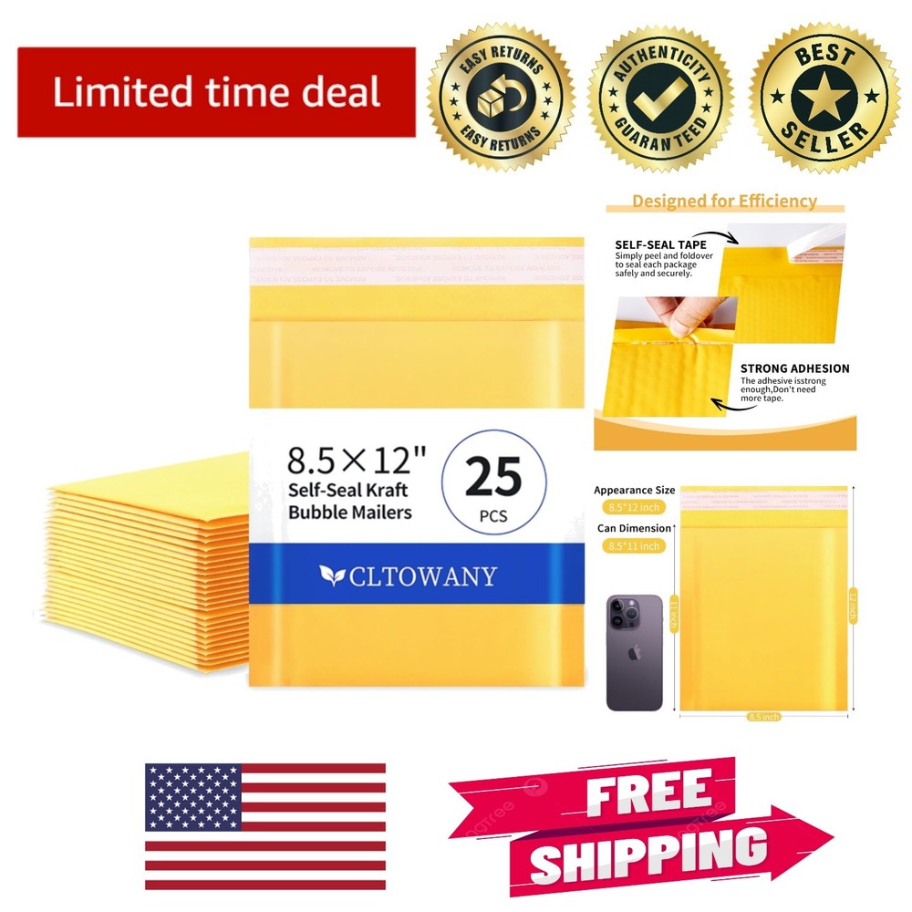 25 Self-Sealing Kraft Bubble Mailers 8.5×12 – Sturdy & Reliable for Shipping