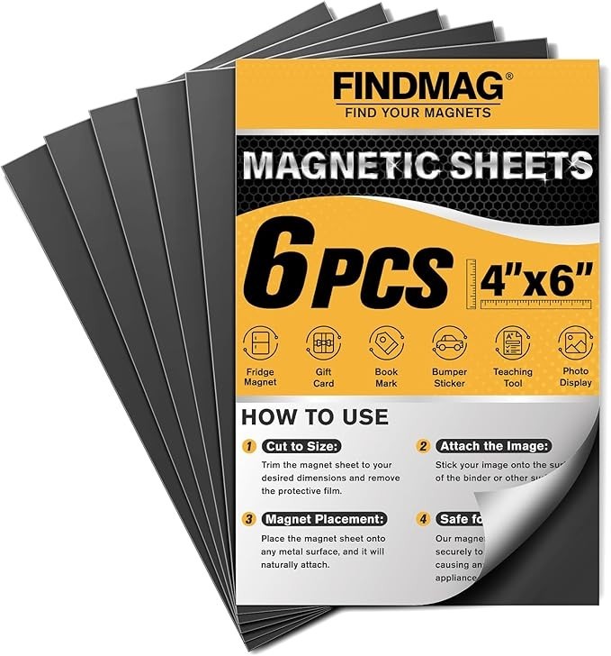FINDMAG 6PCS Magnetic Sheets 4×6 Adhesive Back Flexible Magnet Paper DIY