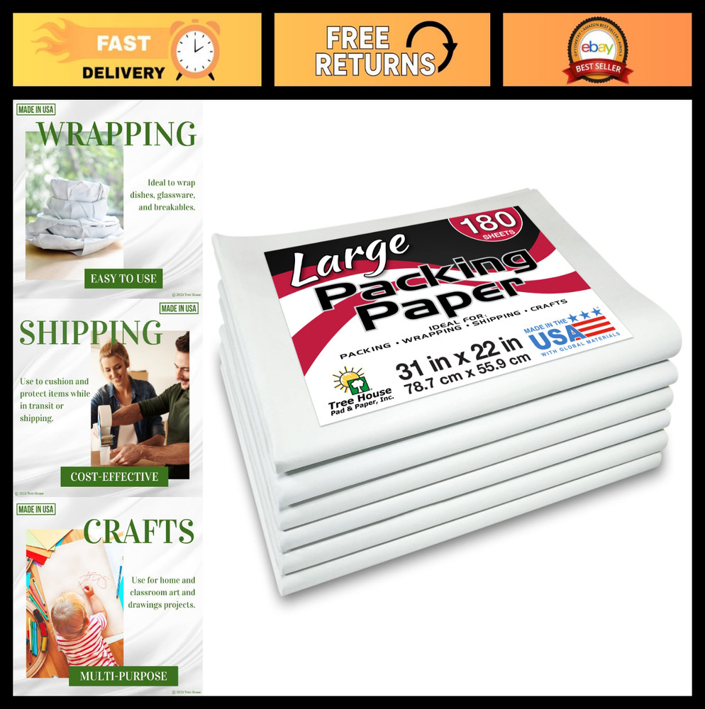 Large Newsprint Packing Paper – 180 Sheets, 31″x22″ for Moving & Shipping – Recy
