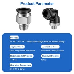 12 Pcs Push to Connect Fittings 1/2 Inch Tube OD x 1/4 Inch NPT Thread Pneuma…