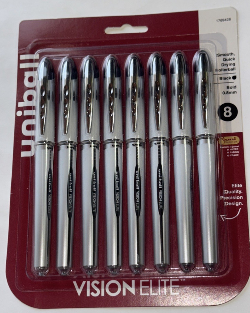 8-Pack uni-ball Vision Elite Rollerball Pens Bold 0.8mm Black Ink – Brand New!