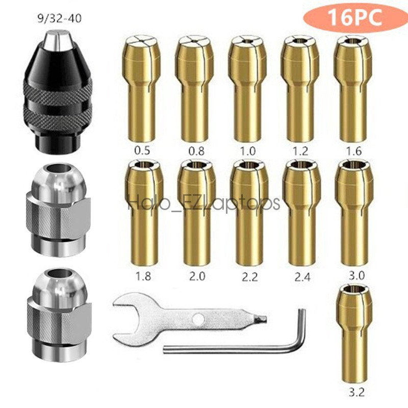 16PCS Drill Chuck Collet Set 0.8-3.2mm Shank Replacement for Dremel Rotary Tool