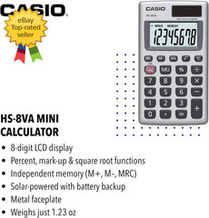 HS-8VA Mini 6-Function Calculator | Large 8-Digit LCD Display | Solar Powered wi