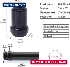 Acorn M12x1.5 Black Spline Lug Nuts – Set of 20, 1.38″ Long, Fit for Honda Accor