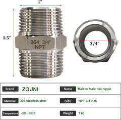 4 Pack 3/4″ NPT Stainless Steel Hex Nipple Pipe Fittings 304 MNPT Connectors