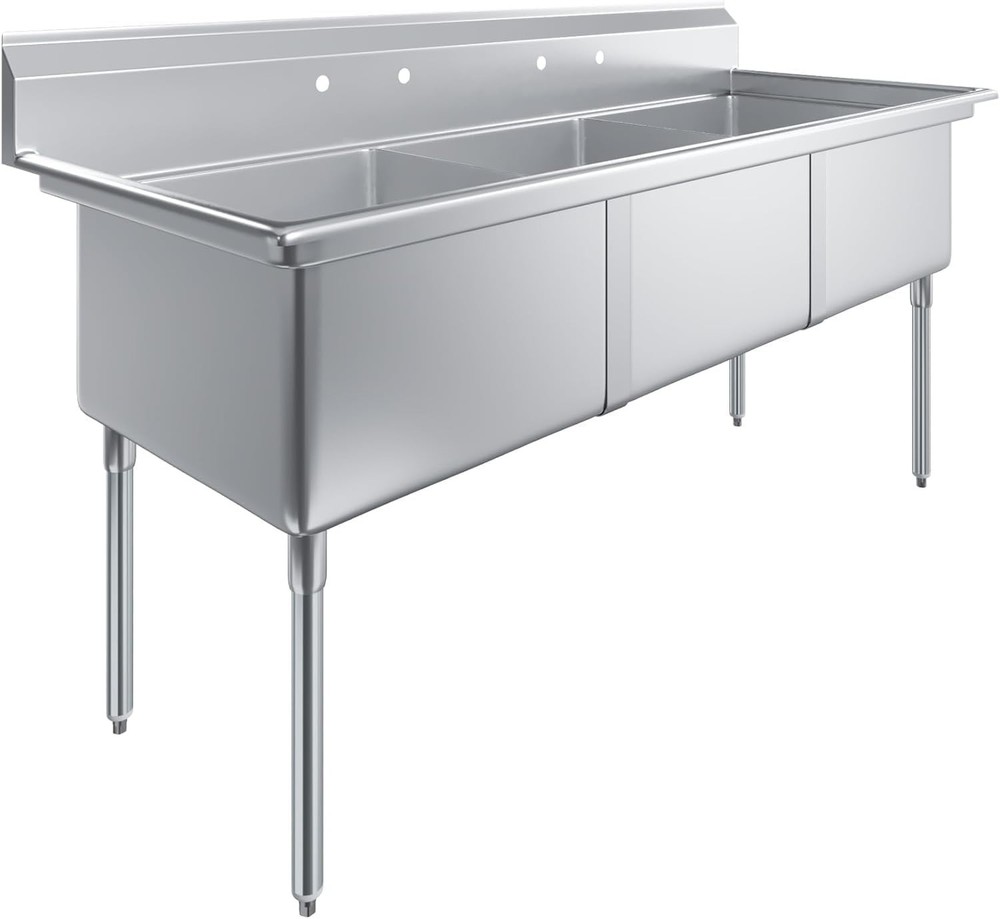 78 in. x 30 in. Stainless Steel Three Compartment Sink with 24 in. x 24 in. x 14