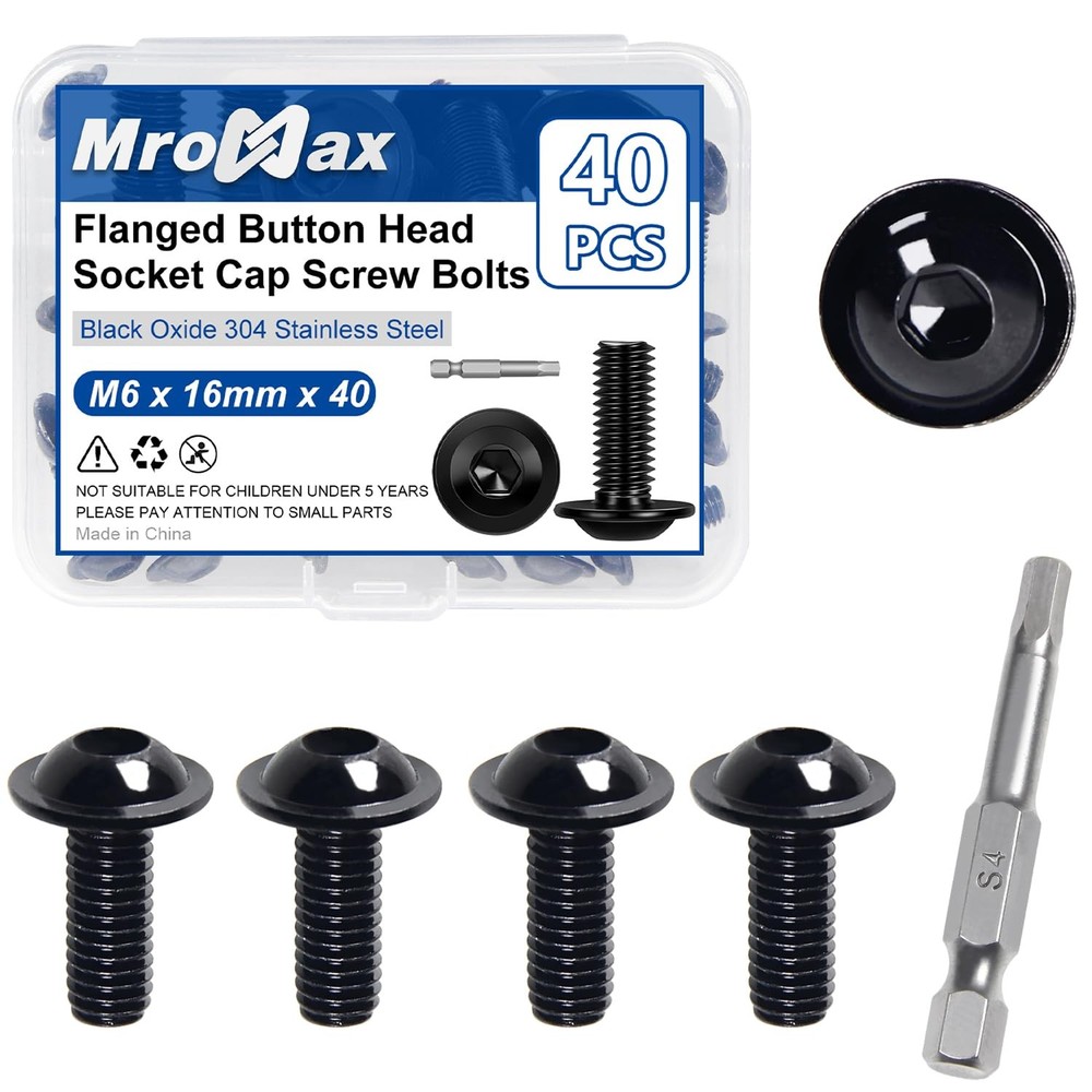 M6-1.0X 16mm 40Pcs Flanged Button Head Socket Cap Screws M6 x 16mm, Black