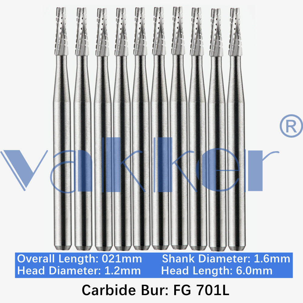 Vakker 10pc/pk Dental Carbide Burs Long Shank FG 701L Taper Flat End Cross-Cut