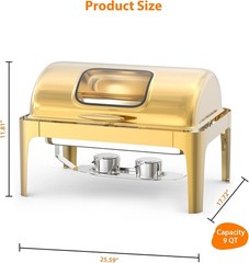 Gold 9QT Roll Top Chafing Dish Buffet Set Catering Stainless Steel wGlass Window