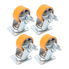 4 Pcs 4″ Side Brake Polyurethane Plate Casters, 3200 Pounds, Silver + Qrange
