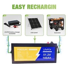 48V 100Ah LiFePO4 Lithium Battery Bluetooth BMS with Charger For Solar Camp RV